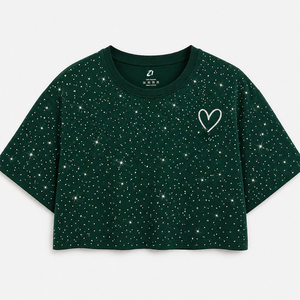 เสื้อครอปท็อปผู้หญิงสีเขียวเข้มประดับคริสตัลรูปหัวใจแบบขายส่ง รับทำโลโก้ เสื้อยืดแขนสั้นทรงบ็อกซี่สไตล์สตรีทแวร์วิบวับ - Product Image 3