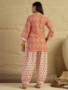 Women's Classic <b>Linen</b> Ethnic Wear Short Kurti with Farshi Pants - Product Image 3