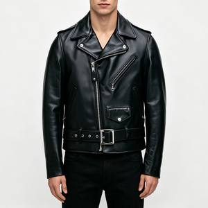 Chaqueta de Motociclista de Cuero Genuino para Hombre, Cuello Camisero, Cierre de Cremallera, Cinturón, Color Sólido, para Otoño e Invierno - Product Image 4