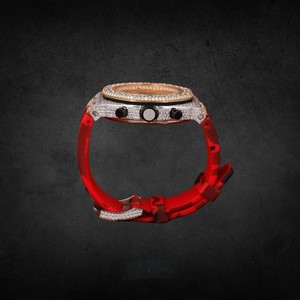 Two Tone Luxury Men's Stainless Steel Wrist <b>Watch</b> Half Iced Moissanite <b>Diamond</b> Red Black Rubber Strap Analog Date Fully - Product Image 3