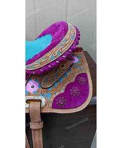 Conjunto de Silla de Montar, Cabezal y Pechopetral de Cuero para Carreras de Barriles, Estilo Western, con Asiento Marrón Turquesa, Diseño Floral Grabado y Pintado, 10"-18", Plástico - Product Image 3