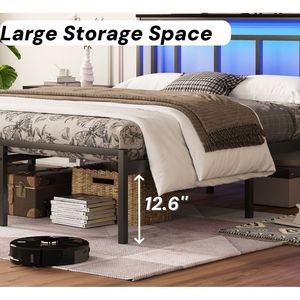 Base letto matrimoniale da 14 pollici con luce LED e USB-C, testiera in metallo nera con contenitore - Product Image 5