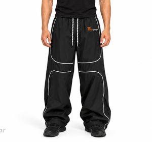 <b>Men's</b> Wide Leg Windbreaker Pants Drawstring Elastic Waist Sporty <b>Trousers</b> with <b>White</b> Piping Lightweight Windbreaker <b>Trouser</b> - Product Image 1