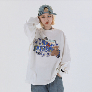 Anime Print Long Sleeve <b>T</b>-<b>Shirt</b> Unisex Oversized O-Neck Casual Pullover Knitted Cotton 350grams Pocket Autumn Wear - Product Image 3