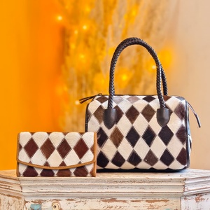New Black White & Brown Soft Hair Fur Checkered Diamond Pattern <b>Hand</b> Tooled 100% Genuine Leather Material <b>Mini</b> Speedy Duffle Bag - Product Image 6