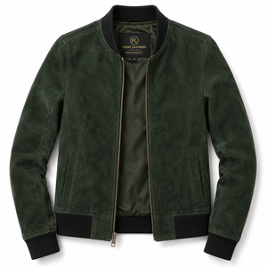 Blouson de motard en cuir véritable vert Flashback, coupe-vent, fermeture éclair, col ouvert, couleur unie - Product Image 1