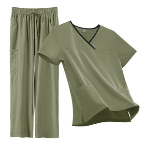 Conjunto de Uniforme Médico para Mujer, Color Azul Claro, Cuello en V, Manga Corta, Poliéster Tejido, Pantalones Anchos - Product Image 1