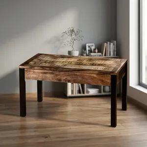 Table basse rectangulaire en bois massif, faite à la main, style minimaliste, meubles de salon avec finition à grain naturel et pieds droits robustes - Product Image 2