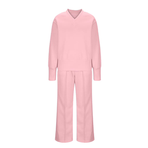Survêtement rose pour femme, col en V, manches longues, couleur unie, vêtement décontracté, respirant, 100% coton, style automne, produit le plus vendu - Product Image 1