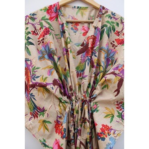Bata de mujer con estampado floral, informal, para verano, cuello en V, manga corta, 100% algodón, cierre con cordón, transpirable, estilo bohemio, para playa - Product Image 4