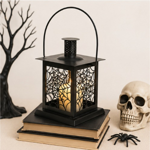 Bulk Wholesale Matte <b>Black</b> Metal Halloween <b>Lantern</b> with Spider Candle Spooky Tabletop Decor for Haunted House Events - Product Image 4