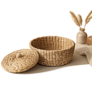 Handwoven Seagrass Vintage Storage <b>Basket</b> with Lid <b>Round</b> <b>Wicker</b> Organizer Folk Art Decoration - Product Image 3