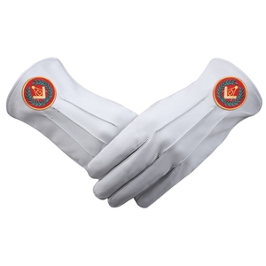 Guantes Masónicos de Cuero Blanco Genuino con Logotipo Personalizado, Parche Rojo con Emblema de Corona, Venta al por Mayor de Artículos Masónicos - Product Image 1