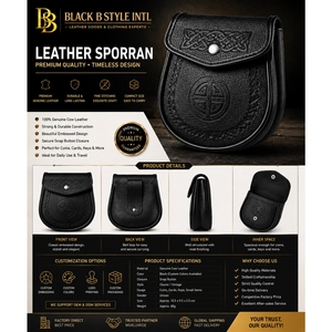 Sporrán escocés de cuero negro con diseño de nudo celta y cadena para usar con kilt, Sporrán de cuero genuino de alta calidad. - Product Image 6