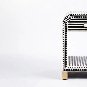 Modern Black White Striped <b>Side</b> Table With <b>Drawer</b> And Open Shelf Living Room Furniture Contemporary Design Gold Legs - Product Image 5
