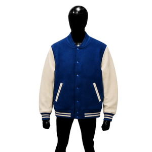 Veste universitaire en laine bleu roi personnalisée de qualité supérieure avec manches contrastées blanches, veste de baseball classique pour hommes et femmes, vente en gros - Product Image 1