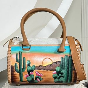Western Cowhide Large 15'' Speedy Duffle Bag Hand Painted Desert Cactus <b>Leather</b> Boutique Duffle <b>Purse</b> Travel Tote for Women's - Product Image 4
