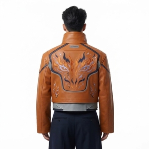 Chaqueta de Cuero Color Coñac para Hombre, con Bordado de Ojo de Fuego, Cuello Alto, Estilo Motero, Racer, Bomber, Ropa de Calle - Product Image 2