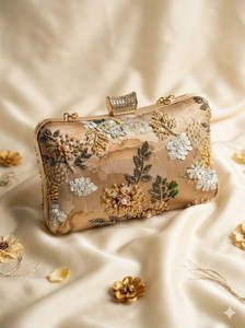 Floral Half Moon <b>Pearl</b> Beaded Casual <b>Clutch</b> <b>Bag</b> Women Handmade Evening Party Purse Gold Tone Embroidered Fashion Handbag - Product Image 4