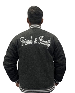 <b>Men's</b> High Quality Wool Varsity Bomber Jacket <b>in</b> Grey & <b>Black</b> <b>Real</b> Cowhide Leather Windproof <b>Real</b> Cowhide Sleeves for Winter - Product Image 3