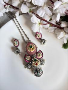 Kundan fusion <b>long</b> necklace with <b>matching</b> earrings, oxidized finish, pearl drops, and traditional ethnic design. - Product Image 2