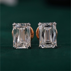 6.19 CT <b>Emerald</b> Cut Lab Grown Diamond <b>Stud</b> <b>Earrings</b> 14K Rose Gold VVS1 Clarity PT950 Material IGI Certificate Yellow Hoop - Product Image 1