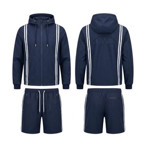 Conjunto deportivo de dos piezas para hombre, con detalles de franjas reflectantes, chaqueta cortavientos azul marino con capucha y pantalones cortos de nailon. - Product Image 1