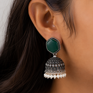 Green Onyx Stone Brass Oxidized <b>Silver</b> Jhumka Drop Ethnic Bohemia <b>Dangle</b> <b>Earrings</b> Handmade Pearl Women Wholesale Jewelry - Product Image 3