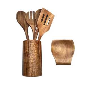 Ensemble d'ustensiles de cuisine en bambou moderne de 7 pièces, spatules et cuillères en bois écologiques avec support cylindrique décoratif - Product Image 6