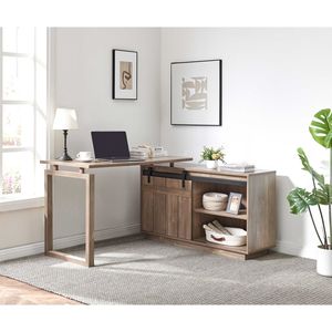 Scrivania a L Reversibile Color Nocciola per Ufficio Domestico con Credenza Scorrevole e Porta a Battente, Postazione di Lavoro con Spazio di Archiviazione Integrato - Product Image 1