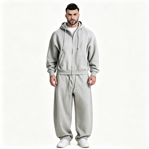 Conjunto Deportivo Informal Premium Moderno en Gris Claro, Holgado y Transpirable, con Sudadera con Cremallera Completa y Pantalones Deportivos Anchos con Cordón Ajustable, Dos Piezas - Product Image 1