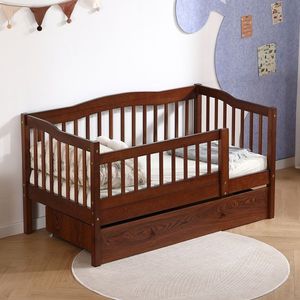 FCH Brown Painted <b>Pine</b> Toddler <b>Bed</b> with Bottom Drawer and Side Car <b>Bed</b> Vertical Fence Design Kids' Furniture - Product Image 1