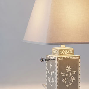 Handmade Bone Inlay <b>Table</b> Lamp with Fabric Shade | Elegant Floral <b>Bedside</b> Lighting Decor - Product Image 5