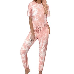 Women Tie Dye Two Piece Set Short Sleeve <b>Tee</b> Drawstring Jogger Pants Summer Loungewear Casual Wear Blue <b>White</b> Gradient - Product Image 2