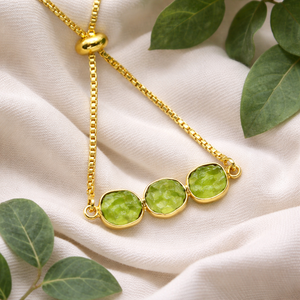 Raw Peridot Gemstone Triple Stone <b>Bracelet</b> Gold Plated <b>Adjustable</b> Slider Handmade Dainty August Birthstone Jewelry Gift - Product Image 1