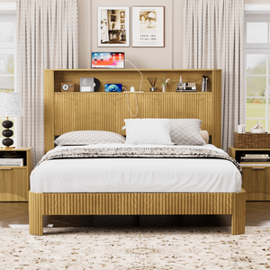 Letto Matrimoniale in Metallo con Testiera Contenitore, Stazione di Ricarica Integrata, Design a Linee Ondulate, Funzionamento Silenzioso, Stile Morbido - Product Image 1