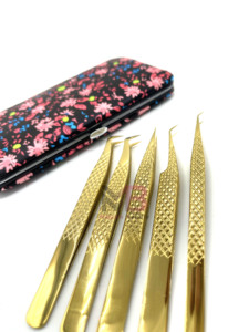 Juego de Pinzas para Pestañas Chapadas en Oro, Herramientas de Precisión con Estuche Floral, Kit de 5 Piezas para Aplicación de Extensiones de Pestañas - Product Image 6