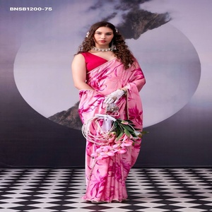 Magnifique ensemble de sari en soie satinée de qualité supérieure avec imprimé floral et bordure en dentelle perlée - Collection de chemisiers Banglory - Fournisseur indien - Product Image 1