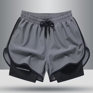 Shorts pour hommes noirs à séchage rapide avec cordon de serrage, taille mi-haute, décontractés, longueur courte, couleur unie, en polyester tricoté, pour le sport - Product Image 3