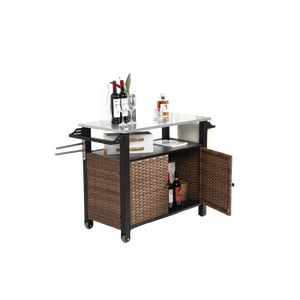 Mobiletto da Esterno per Cucina con Ruote in Acciaio Inossidabile, Carrello a Isola in Vimini con Piano Estensibile e Maniglia Laterale per un Trasporto Conveniente - Product Image 2