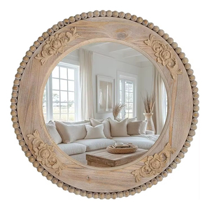 Handcrafted <b>Round</b> Wooden Floral <b>Wall</b> <b>Mirror</b> Rustic Carved Frame Decorative Vanity <b>Mirror</b> for Bedroom Living Room Decor - Product Image 3