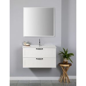 Mobile Bagno Moderno da Parete 31.5 Pollici con Doppio Cassetto, Specchio e Lavabo Integrato, Chiusura Ammortizzata, Stile Decorativo - Product Image 1