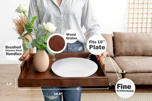 Bandeja de servicio de madera de lujo con asas de metal dorado para bebidas, alimentos y aperitivos con detalles dorados - Product Image 2