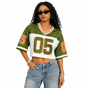 Camiseta Deportiva Corta con Cuello en V para Mujer, Verde, Blanca y Naranja, Talla 05, Malla Transpirable, Manga Corta, Corte Holgado, Números de Equipo con Impresión Sublimada - Product Image 1