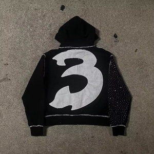 <b>Black</b> Men's Hooded Zipper <b>Sweatshirt</b> Oversized Glitter Logo Rhinestone Sleeve Streetwear Autumn French Terry Knitted Hoodie - Product Image 3