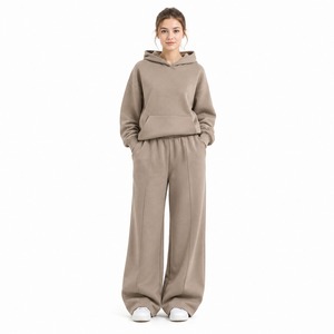 Ensemble jogging deux pièces en polaire pour femme, hiver, sweat à capuche oversize et pantalon de survêtement ample à jambes larges, 100% coton anti-plis - Product Image 4
