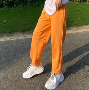 Pantalon droit orange pour femme, taille mi-haute, coupe régulière, longueur cheville, en tricot élasthanne, style décontracté hiver, patchwork effet usé - Product Image 1