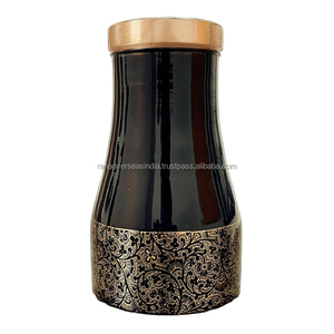 Designer Bedside Bottle <b>Carafes</b> Joint Free Pure Copper <b>Water</b> Bottle Jar With Etching Print Design at Wholesale Price - Product Image 1