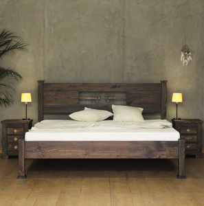 Lit double rustique en bois de manguier massif, fait main, sculpté à la main, design en chêne indien, finition vieillie, pliable - Product Image 1