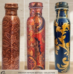 Juego de Botellas de Agua de Cobre con Diseño Artesanal, Botellas de Cobre Puro Impresas a Mano con Tapas de Cobre Herméticas, Diseño Floral Vintage - Product Image 5